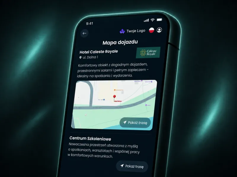 Widok mapy EventApp z lokalizacją i nawigacją do miejsca wydarzenia