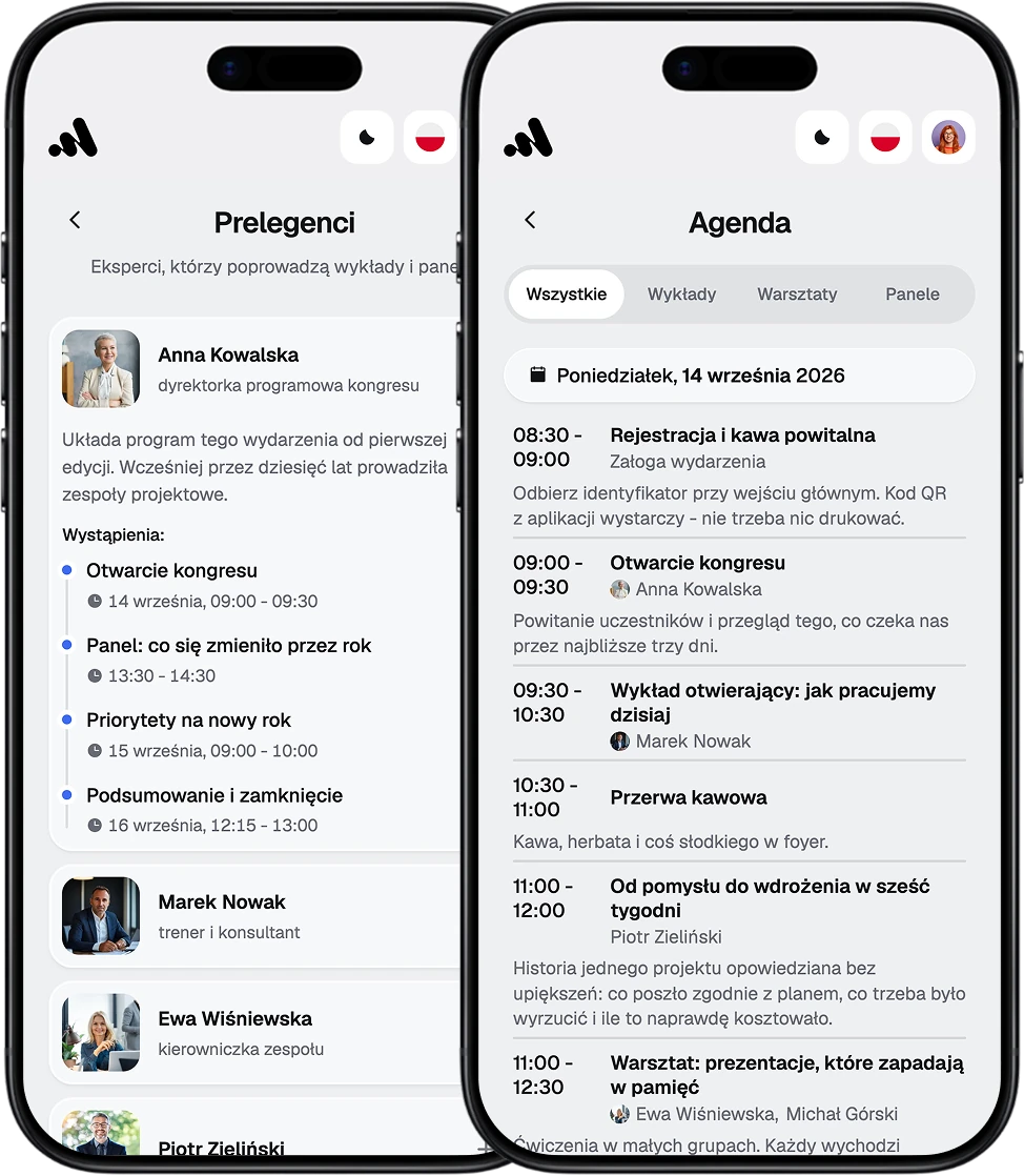 Ekrany EventApp z agendą wydarzenia i listą prelegentów