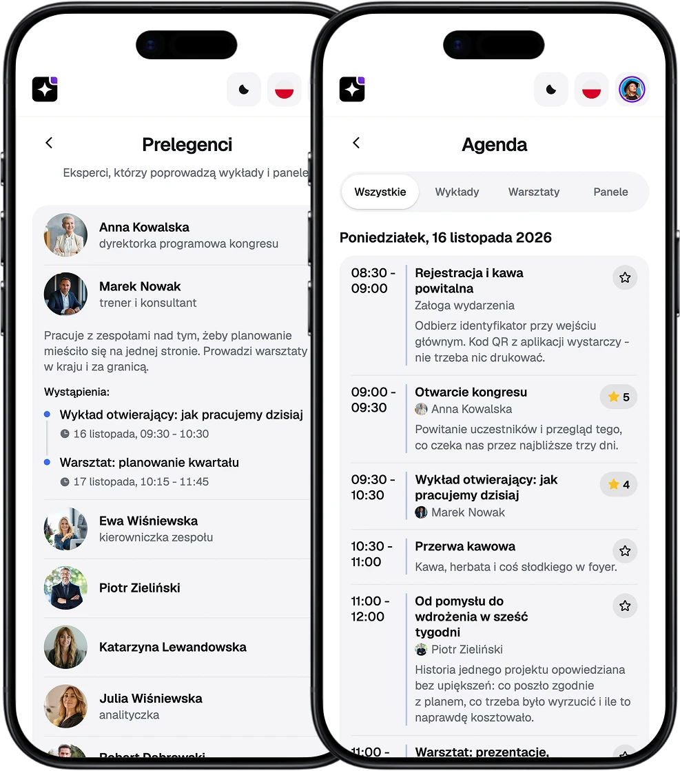 Ekrany EventApp z agendą wydarzenia i listą prelegentów