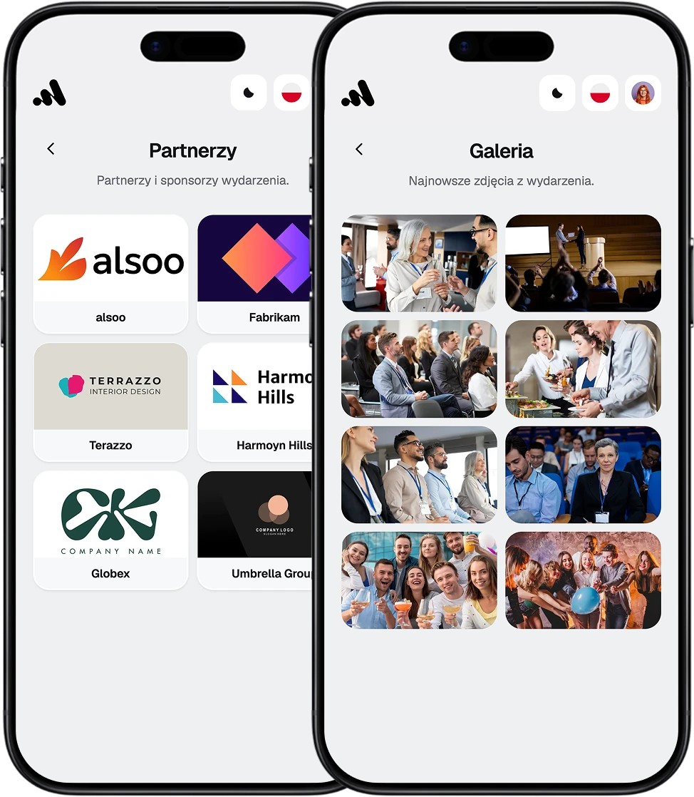 Ekrany EventApp z galerią zdjęć i listą partnerów wydarzenia