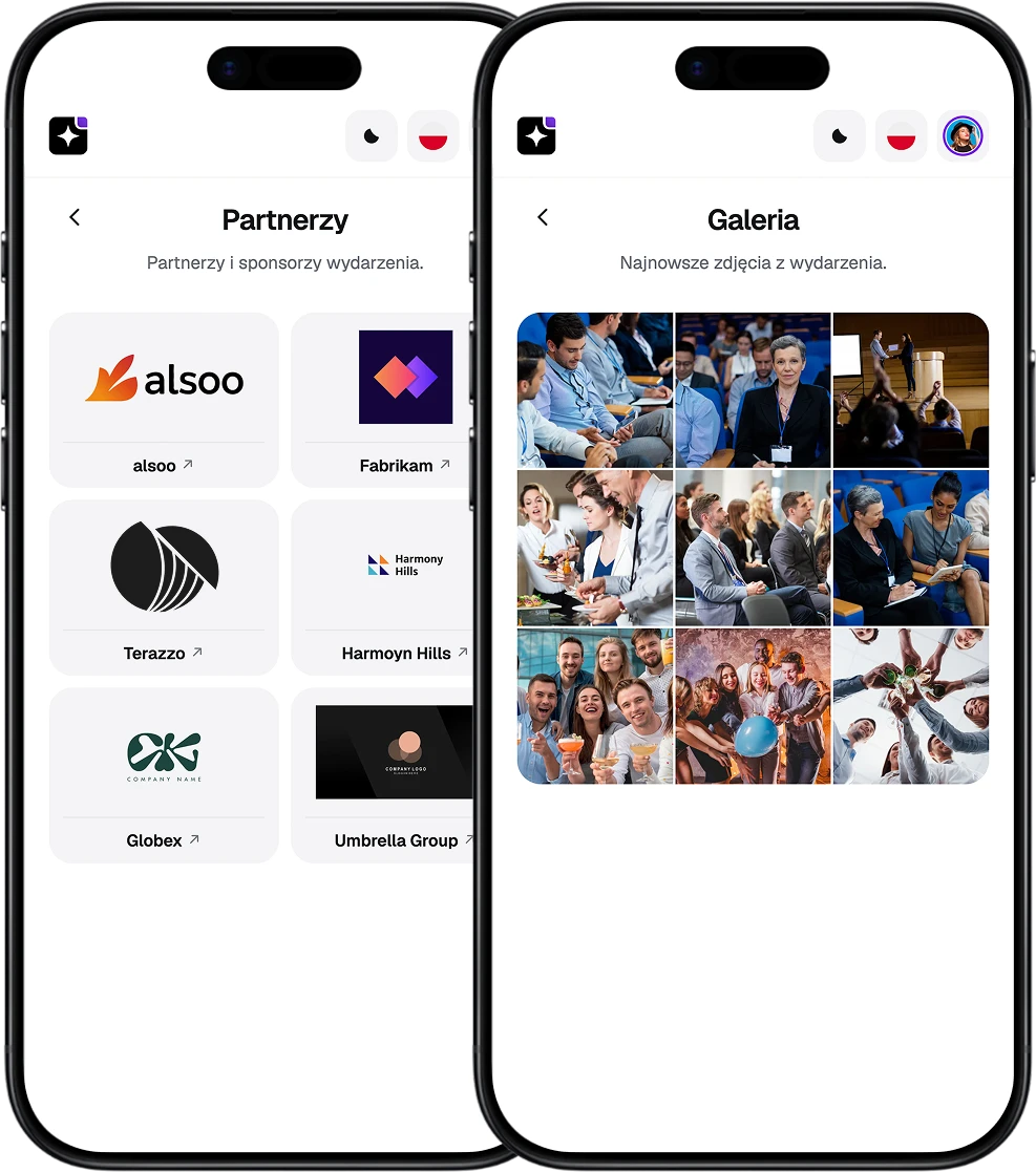 Ekrany EventApp z galerią zdjęć i listą partnerów wydarzenia