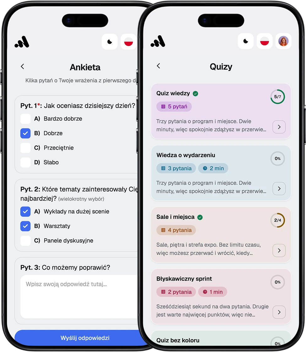 Ekrany EventApp z ankietą dla uczestników i listą quizów