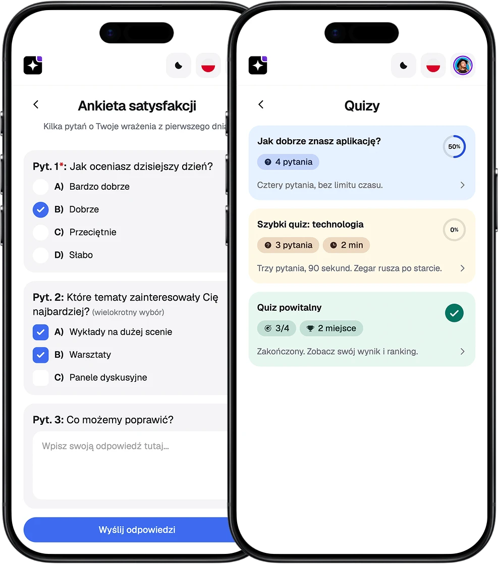 Ekrany EventApp z ankietą dla uczestników i listą quizów