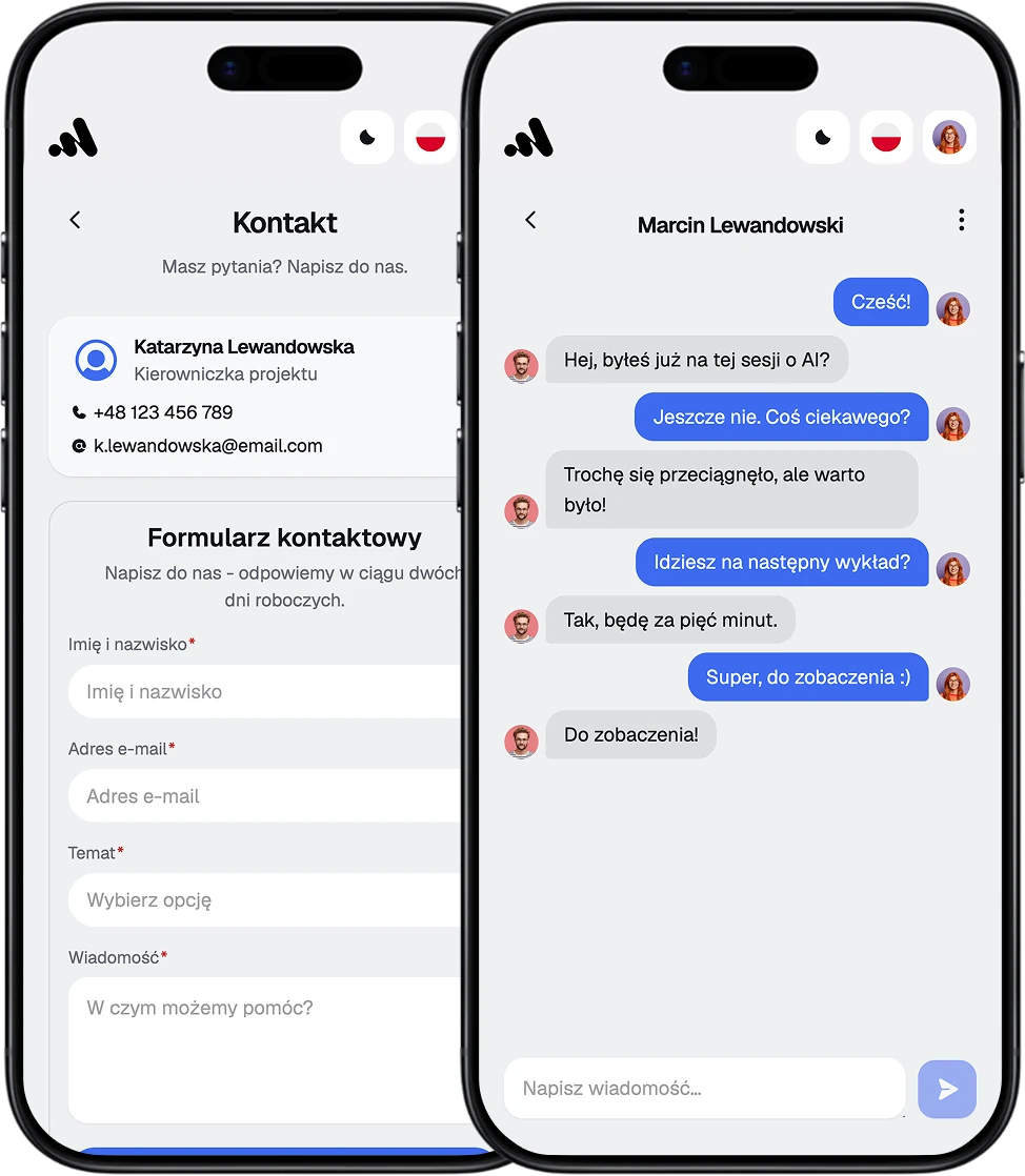 Ekrany EventApp z formularzem kontaktowym i czatem networkingowym
