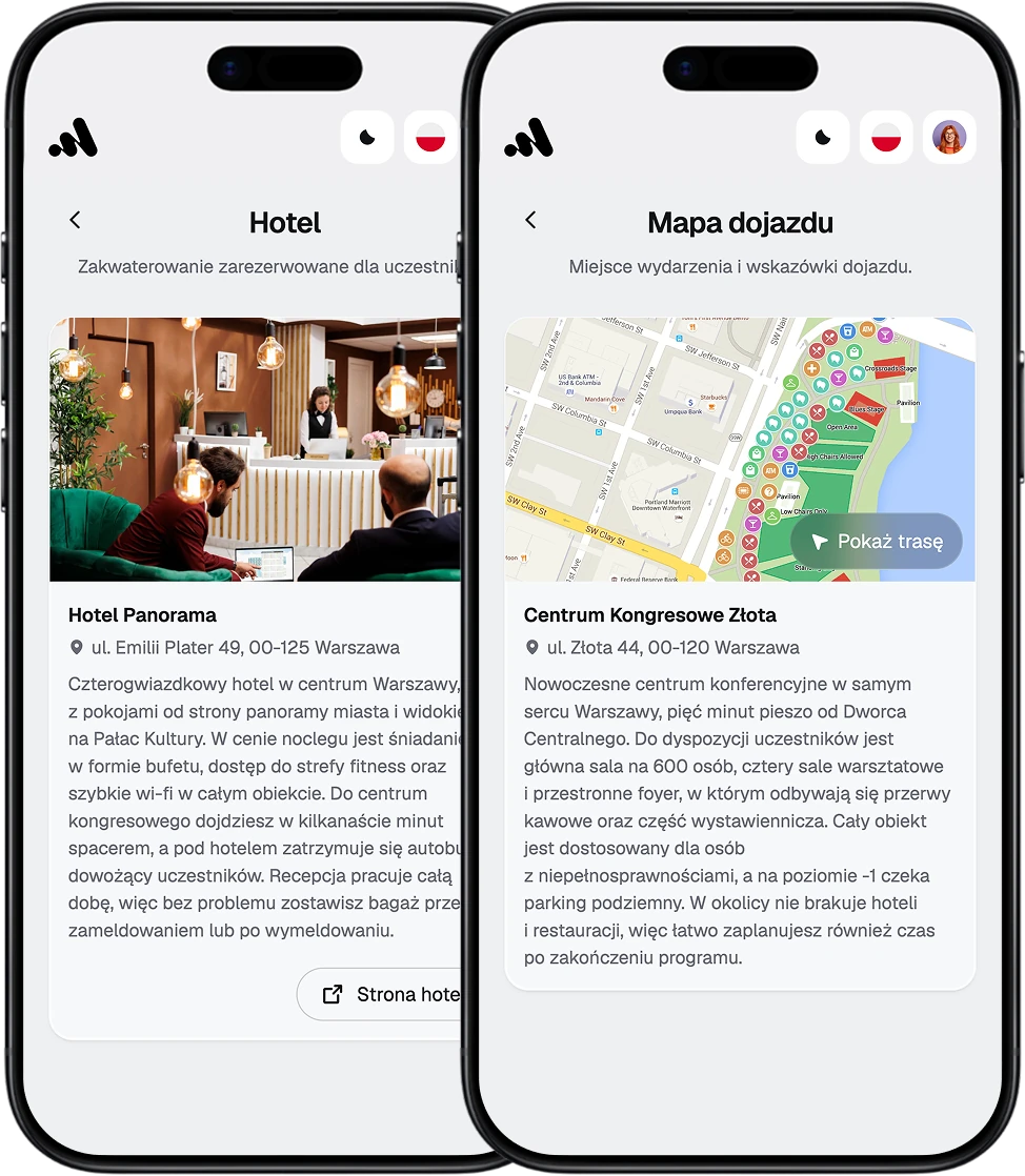 Ekrany EventApp z mapą dojazdu i informacjami o hotelu