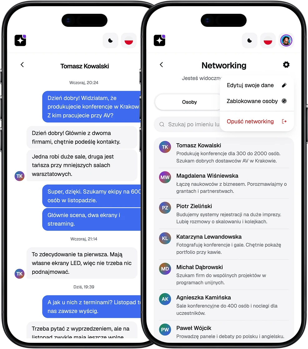 Ekrany EventApp z czatem uczestników i listą gości w networkingu