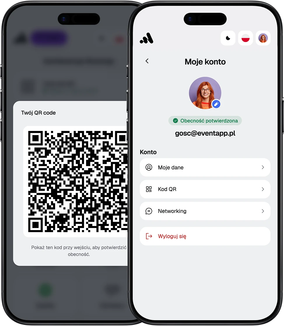 Ekrany EventApp z kodem QR do check-inu i potwierdzoną obecnością uczestnika