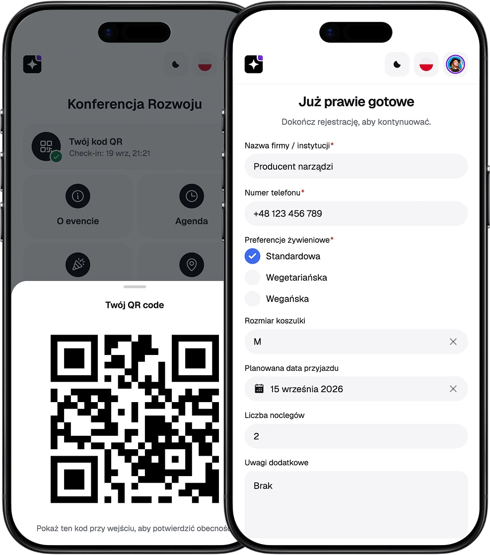 Ekrany EventApp z kodem QR uczestnika i formularzem rejestracji