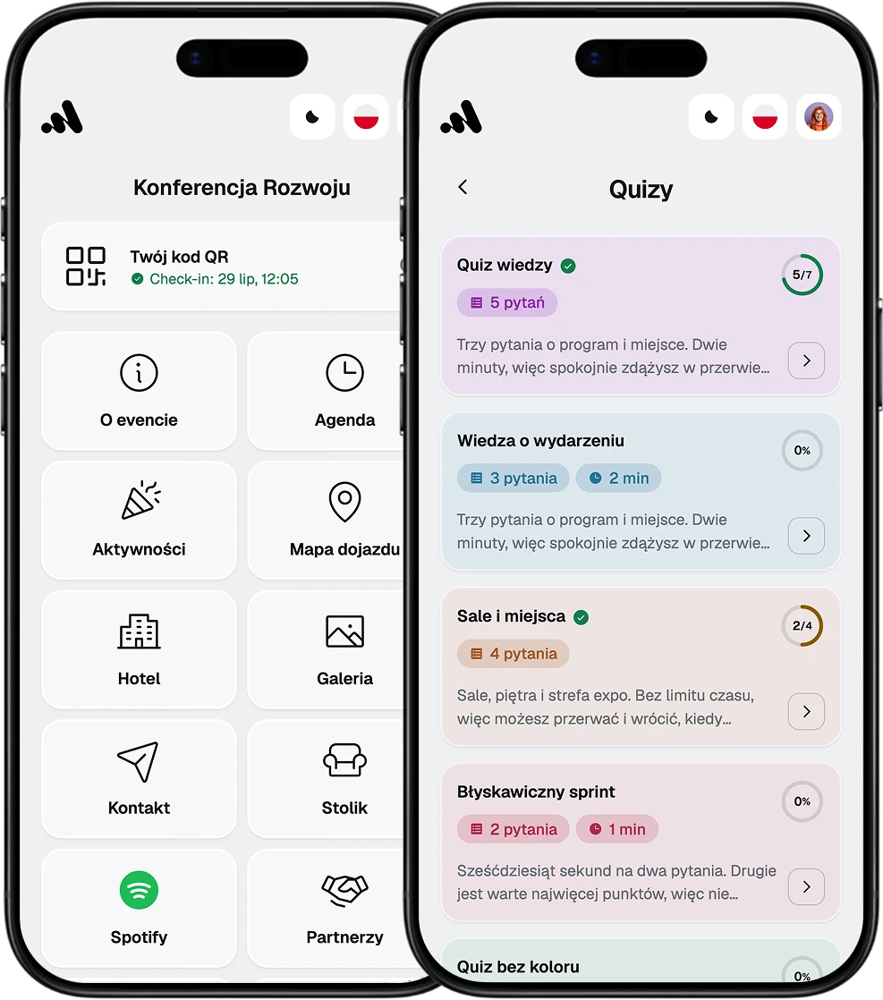 Ekrany EventApp: ekran główny z kafelkami modułów i kodem QR oraz lista quizów dla uczestników