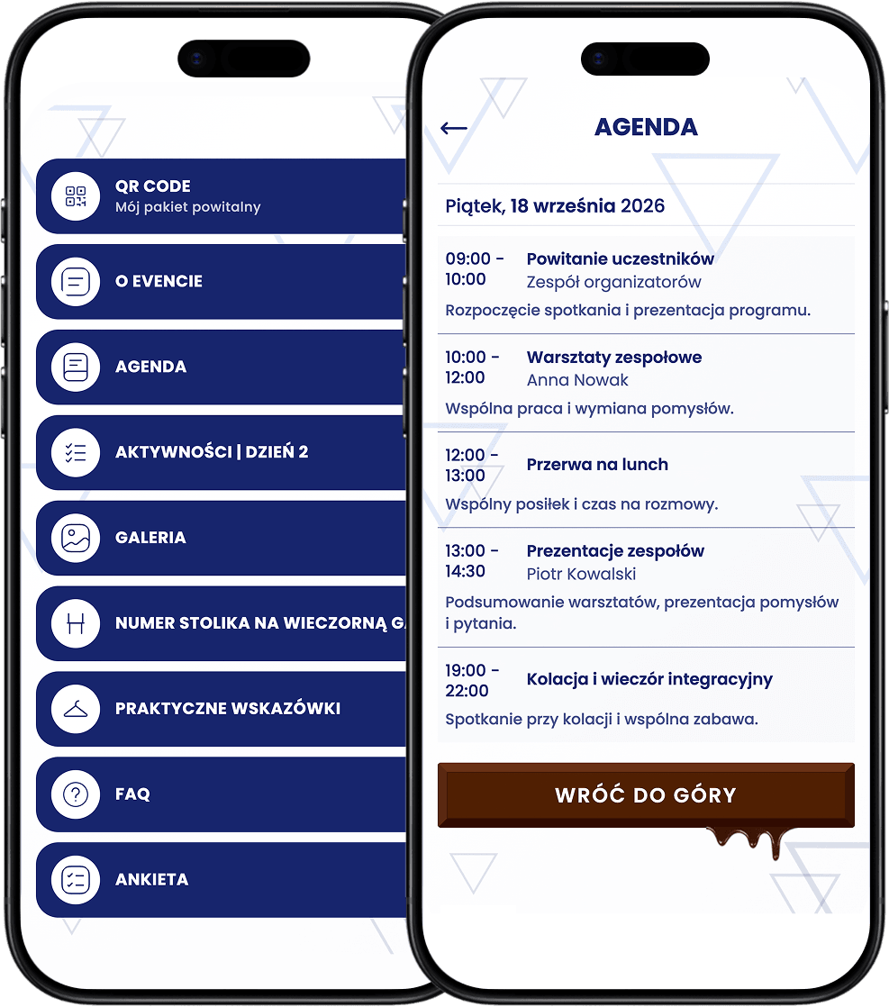 Ekrany EventApp: menu wydarzenia i agenda na dwóch telefonach